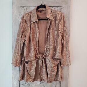 Mishca XL Brown Metallic Reptile Print Tie Front Jacket Shirt Hi-Low 3/4 Sleeve